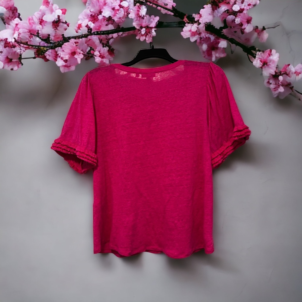Chico’s Pink Linen Fringe Sleeve Tee, Size 3 (16-18), Fringe Hem on Sleeves - Picture 3 of 6